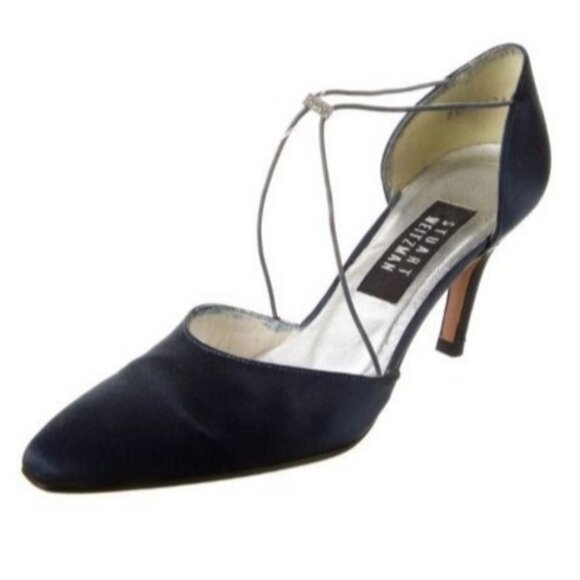 VTG 90s STUART WEITZMAN 7.5 Crystal Embellished Satin D'Orsay Black Satin Pumps - Picture 1 of 6